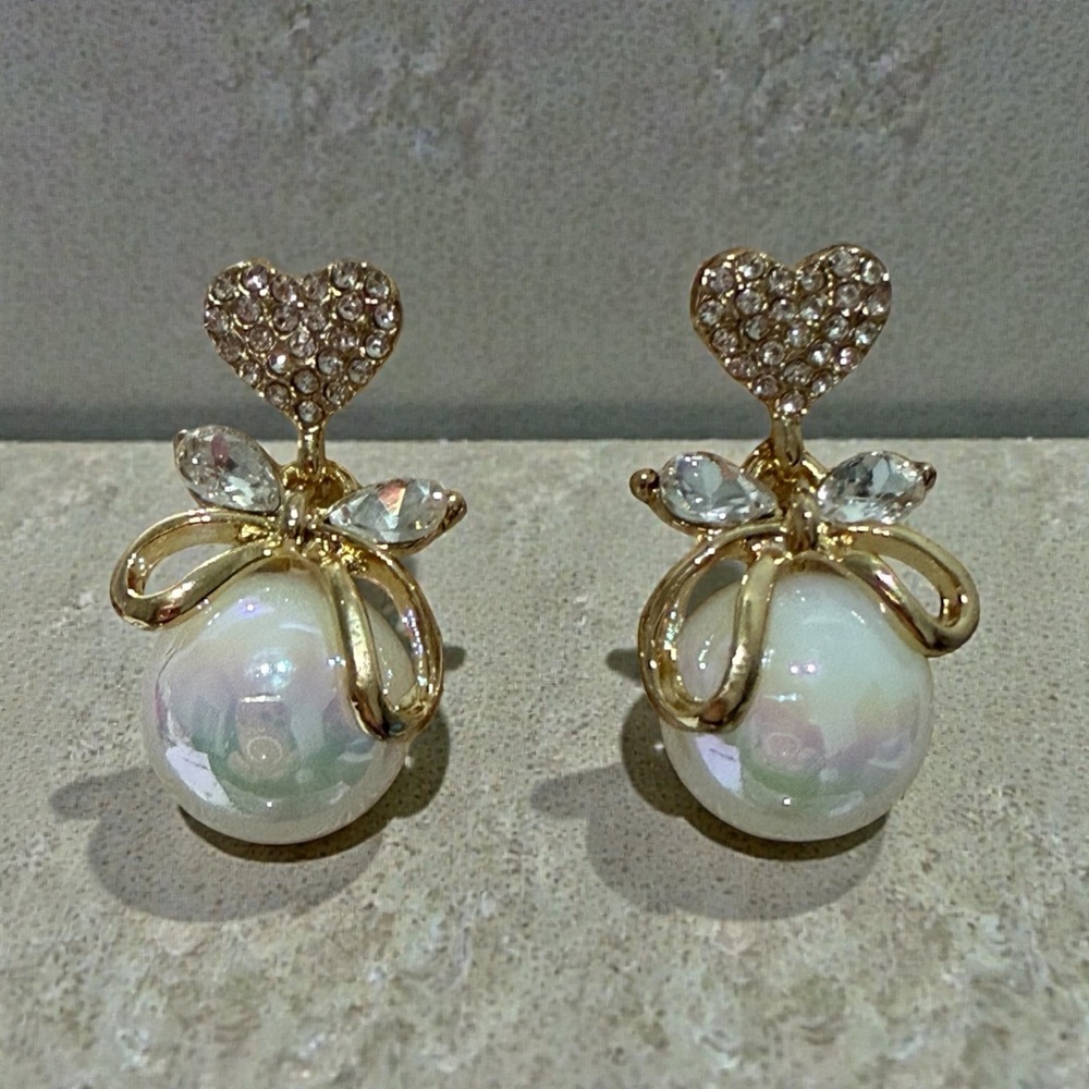 Gold and White Heart Earrings